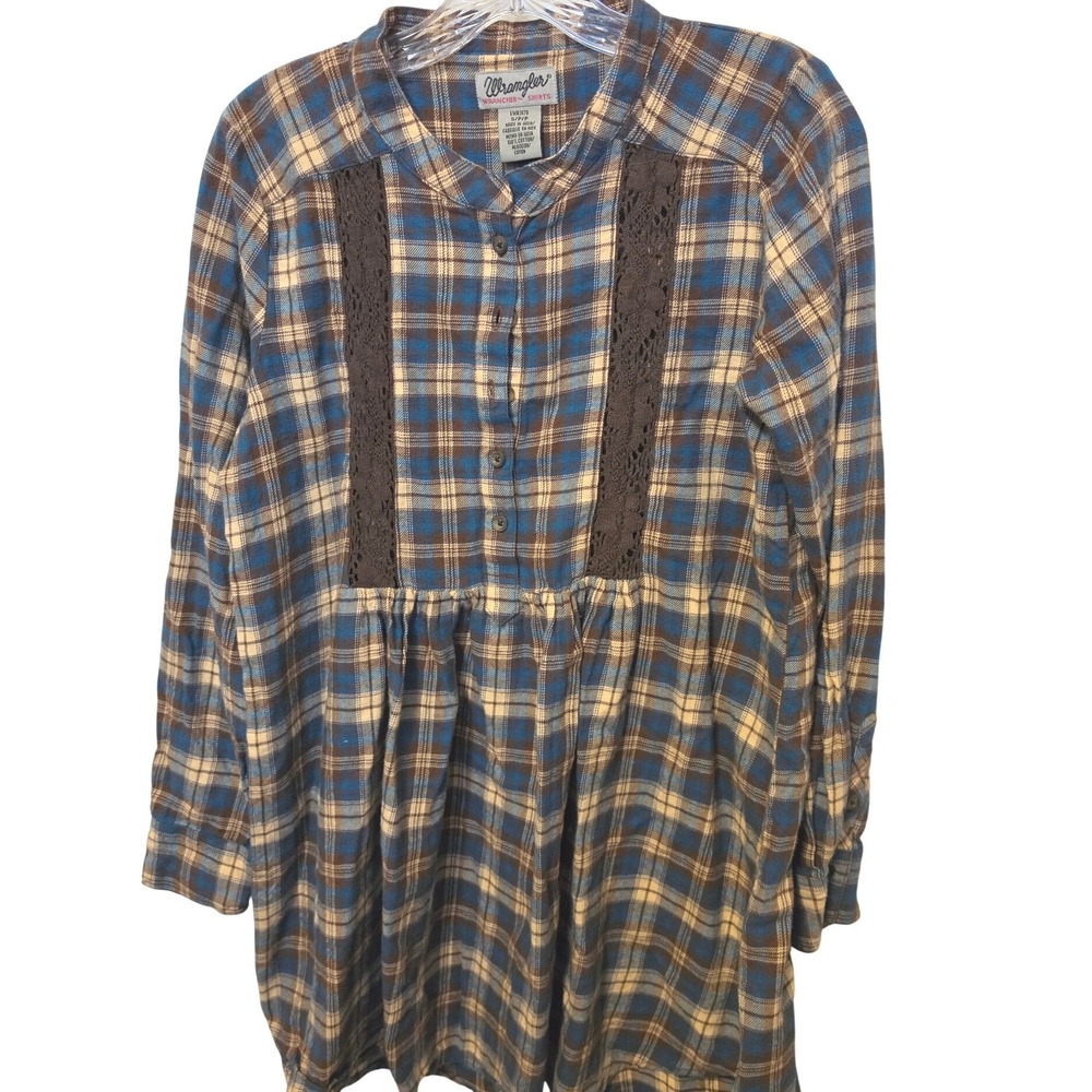 Wrangler Wrancher Plaid Crochet Lace Pintuck Babydoll Shirt Blue Brown LWR317B S